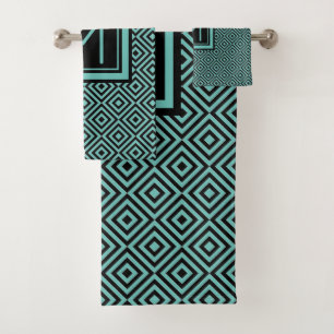 Geometric Diamond Pattern Black teal Monogram Bath Towel Set