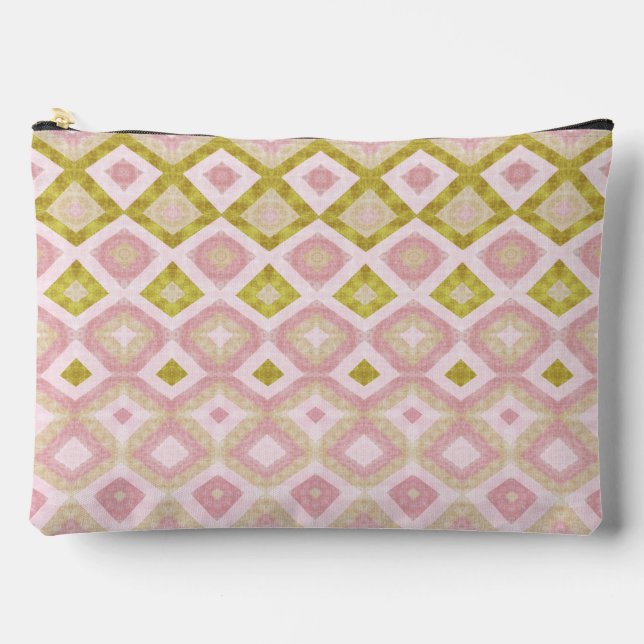 Geometric Diamond Pattern in Pink and Olive Green Accessory Pouch (Front)