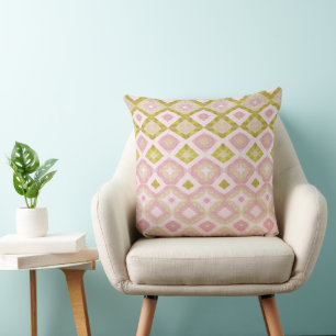 Geometric Diamond Pattern in Pink and Olive Green Throw Pillow