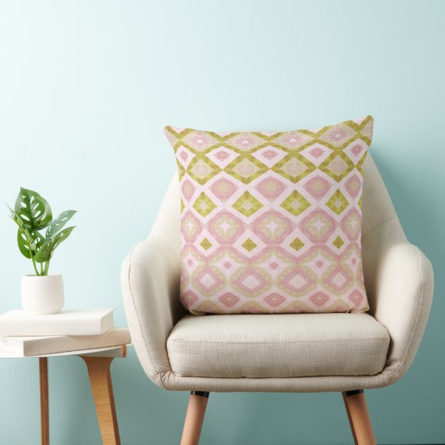 Geometric Diamond Pattern in Pink and Olive Green Throw Pillow (Chair)