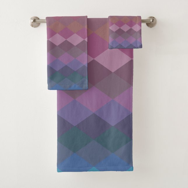 Geometric Diamond Shapes in Muted Rainbow Colours Bath Towel Set (Insitu)