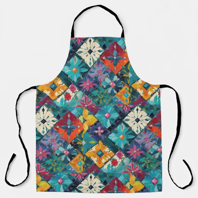 Geometric Diamonds And Gems Floral Teal Apron (Front)