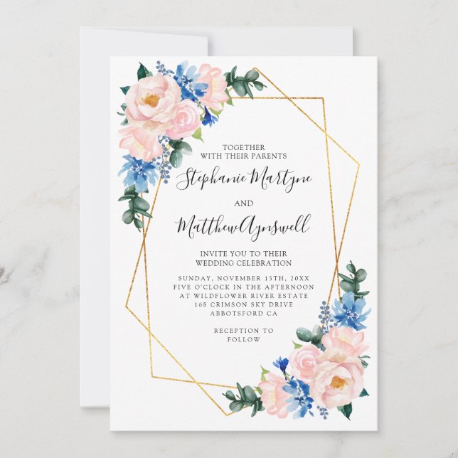 Geometric Dusty Blue Blush Pink Floral Wedding Invitation (Front)