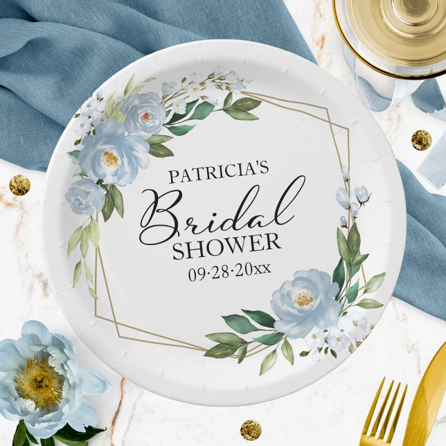 Geometric Dusty Blue Floral Bridal Shower Paper Plate (Creator Uploaded)