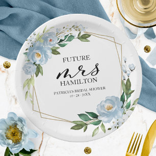 Geometric Dusty Blue Floral  Bridal Shower Paper Plate