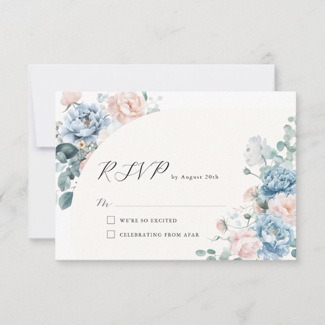 Geometric Dusty Blue Peach Floral Wedding RSVP Card (Front)