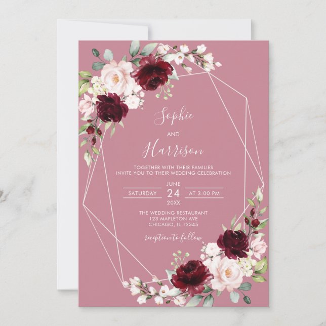 Geometric Dusty Rose Burgundy Blush Floral Wedding Invitation (Front)