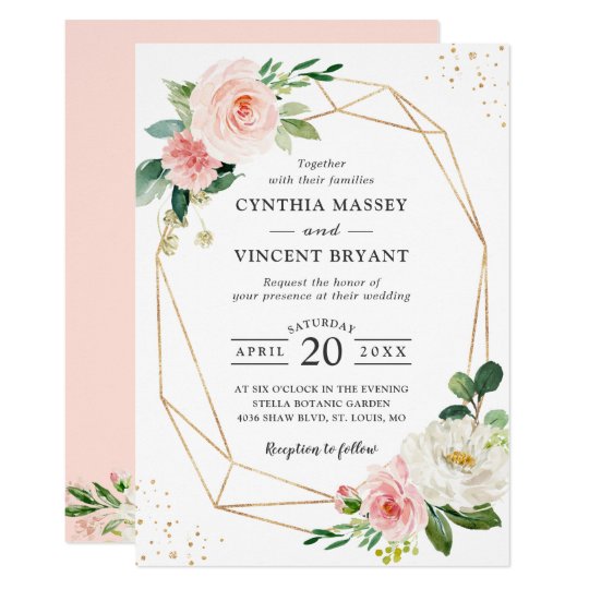 Geometric Elegance Blush Pink Floral Wedding Invitation ...