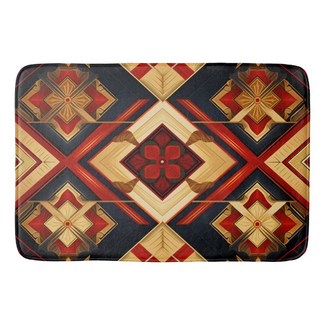 Geometric Elegance Seamless Pattern Red Gold Black Bath Mat (Front)
