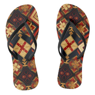 Geometric Elegance Seamless Pattern Red Gold Black Flip Flops