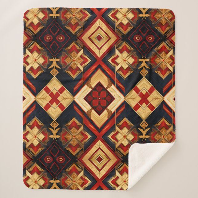 Geometric Elegance Seamless Pattern Red Gold Black Sherpa Blanket (Front)