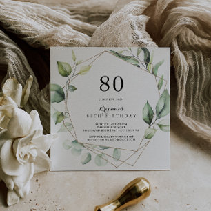Geometric Elegant Gold Green 80th Birthday Party Invitation