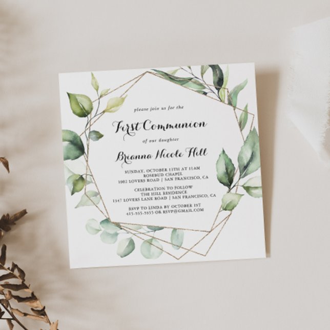 Geometric Elegant Gold Greenery First Communion Invitation (Creator Uploaded)
