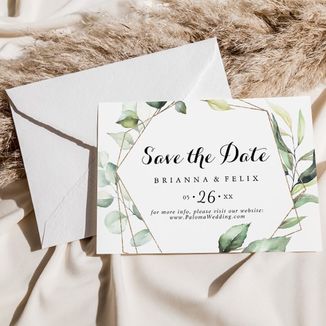 Geometric Elegant Gold Greenery Horizontal Wedding Save The Date (Creator Uploaded)