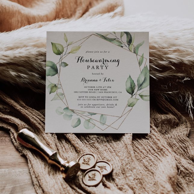 Geometric Elegant Gold Greenery Housewarming Party Invitation (Creator Uploaded)