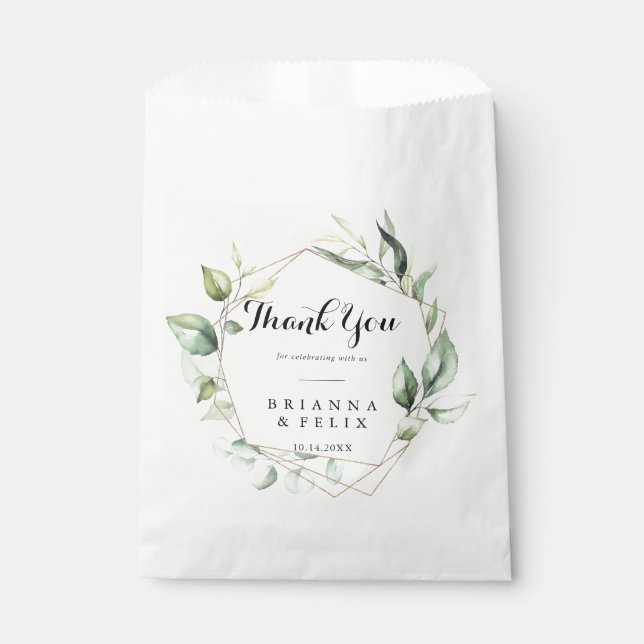 Geometric Elegant Gold Greenery Thank You Wedding Favour Bag (Front)