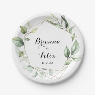Geometric Elegant Gold Greenery Wedding Cake Paper Plate