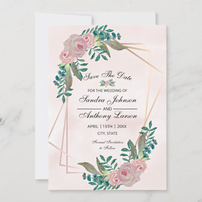 Geometric  Elegant Watercolor Blush Rose Save The Date (Front)
