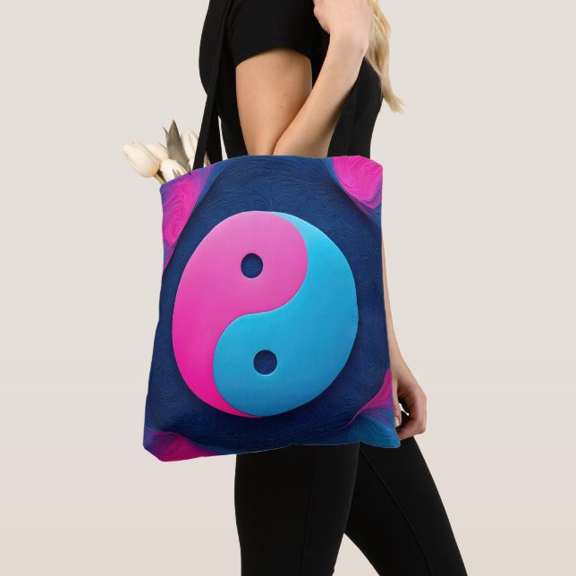 Geometric Equilibrium: Vibrant Yin Yang Pattern Tote Bag (Close Up)