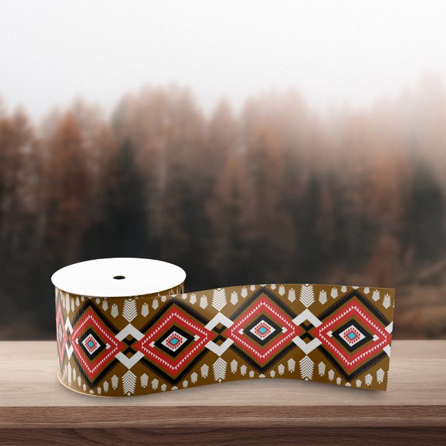 Geometric Ethnic Tribal Native Red Brown Pattern Grosgrain Ribbon (Creator Uploaded)