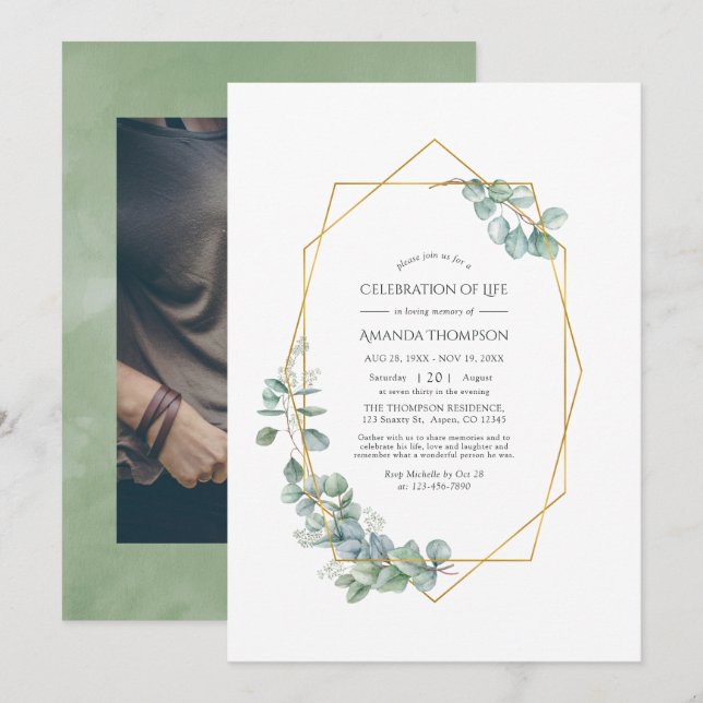 Geometric Eucalyptus Celebration of Life Photo Invitation (Front/Back)