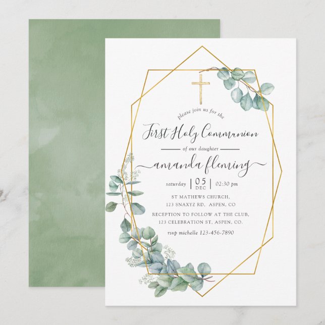Geometric Eucalyptus First Holy Communion Invitation (Front/Back)