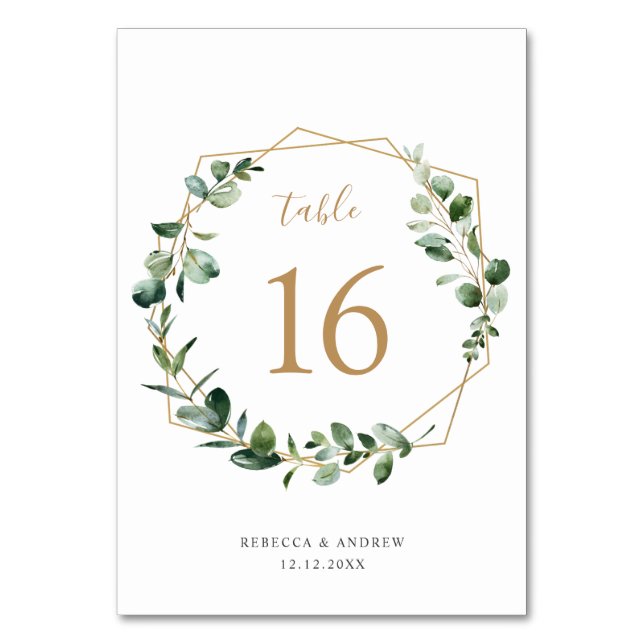 Geometric Eucalyptus Greenery Table Numbers Card (Front)