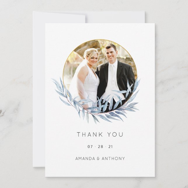 Geometric Eucalyptus Wedding Photo Collage Thank You Card (Front)