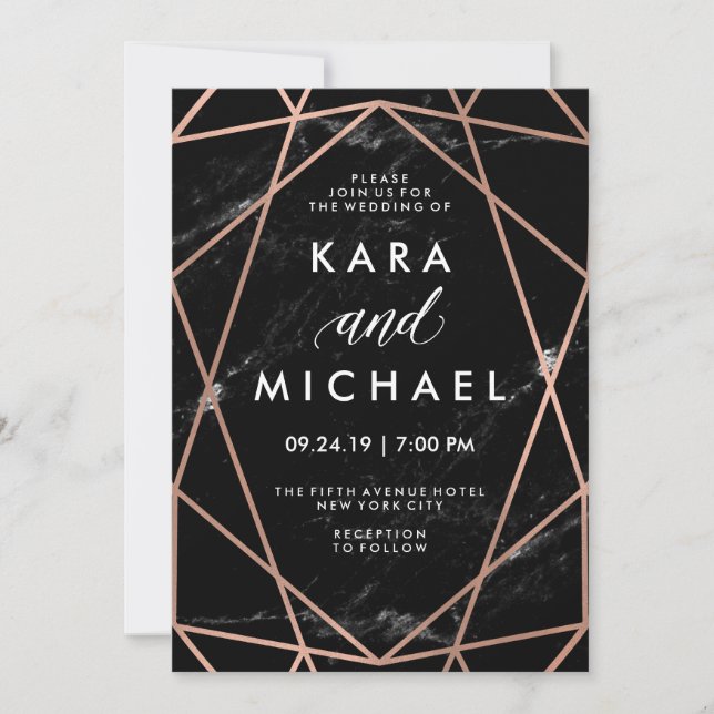 Geometric Faux Rose Gold on Black Marble Wedding Invitation (Front)