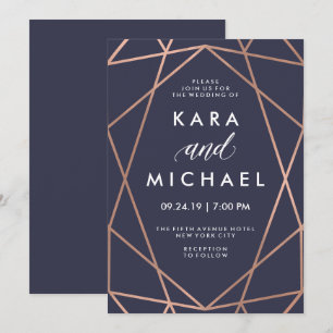 Geometric Faux Rose Gold on Midnight Blue Wedding Invitation