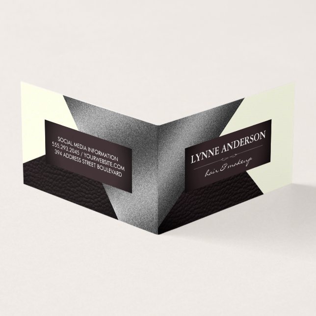 Geometric Faux Silver Cream Leather Colour Blocks Business Card (Outside)