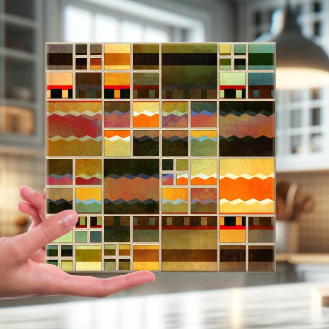 Geometric Fine Art Pattern Kitchen Bathroom Tile (Tile featuring a geometric checkered mosaic pattern in vibrant colors. Inspired by leaded glass)