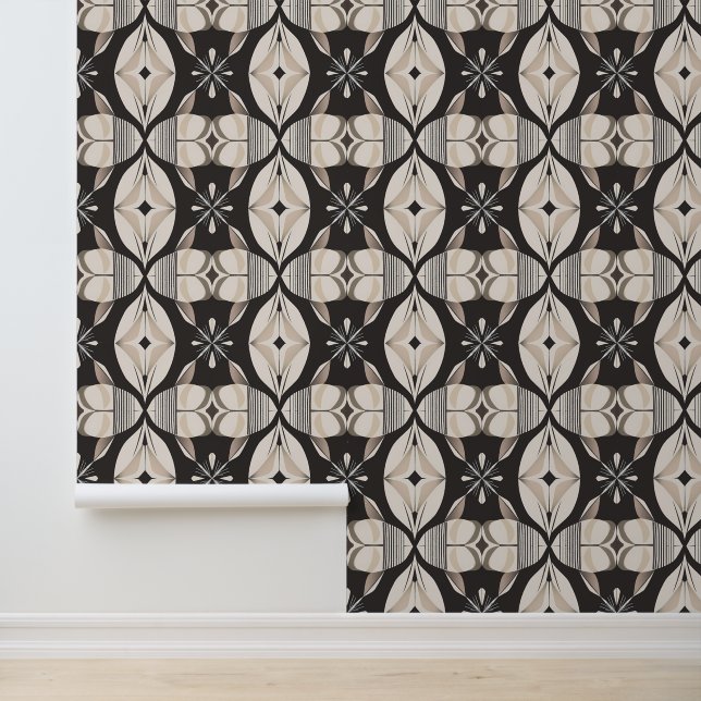Geometric Floral Art Deco Pattern in Neutral Tones Wallpaper (Application)