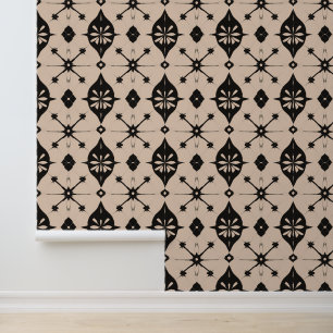 Geometric Floral Black and Beige Pattern Wallpaper