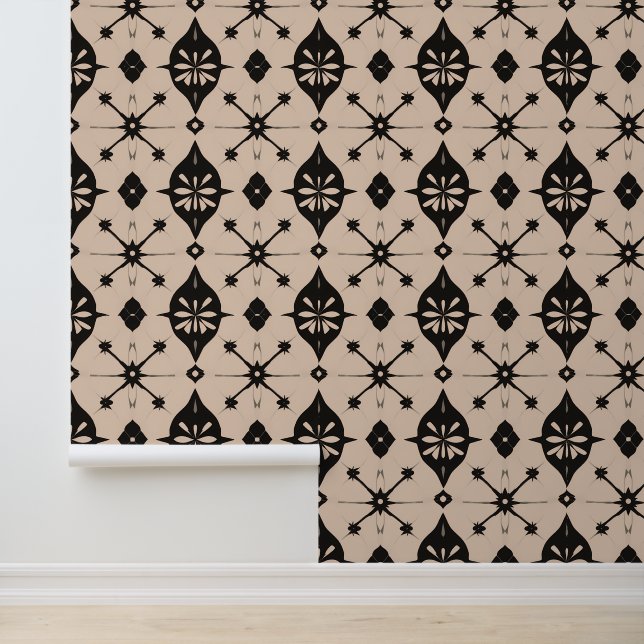 Geometric Floral Black and Beige Pattern Wallpaper (Application)