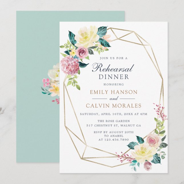 Geometric Floral Blush Greenery Gold Rehearsal Invitation (Front/Back)