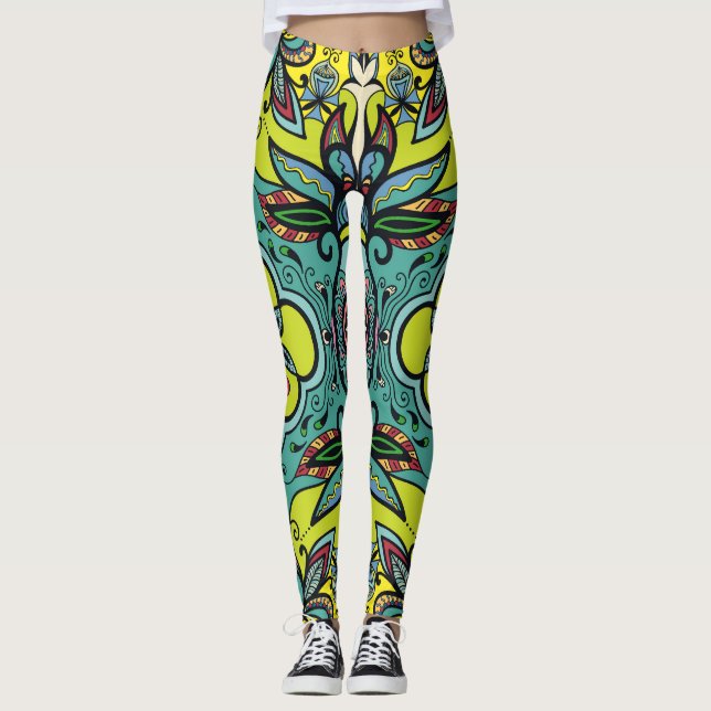 Geometric floral, colourful abstract seamless text leggings (Front)