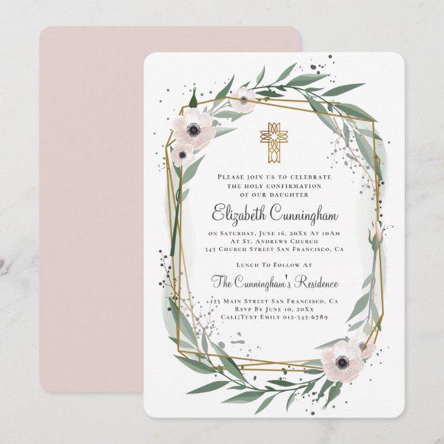 Geometric Floral Cross Confirmation Invitation (Front/Back)