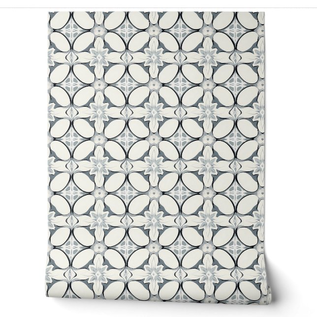 Geometric Floral Elegance Petite - Grey, Cream  Wallpaper (Unrolling)