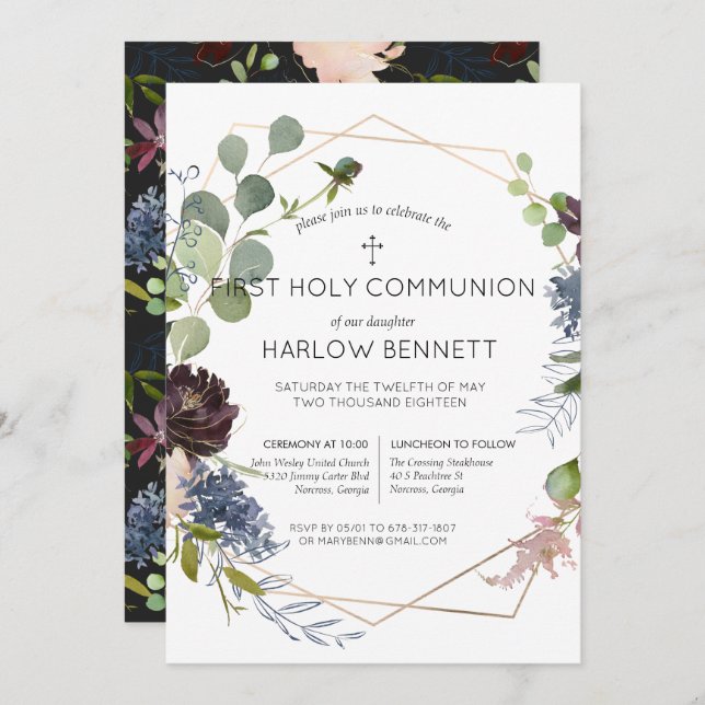 Geometric Floral First Holy Communion Invitation (Front/Back)