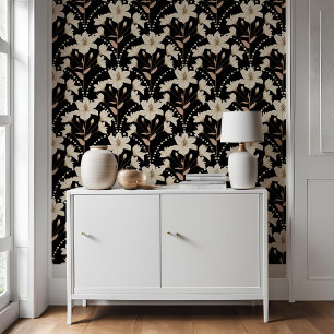 Geometric Floral Flower Black Beige Lily Pattern   Wallpaper