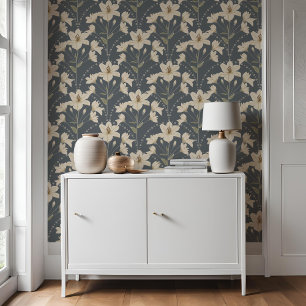 Geometric Floral Flower Blue Grey Lily Pattern   Wallpaper
