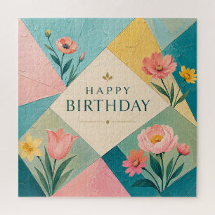 Geometric Floral Mosaic Birthday Jigsaw Puzzle