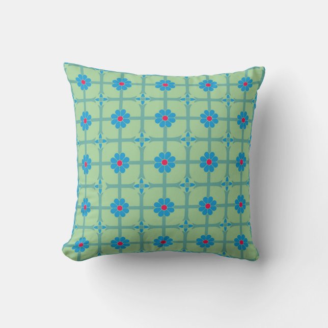 Geometric Floral Pattern Green and Blue Throw Pillow (Front)