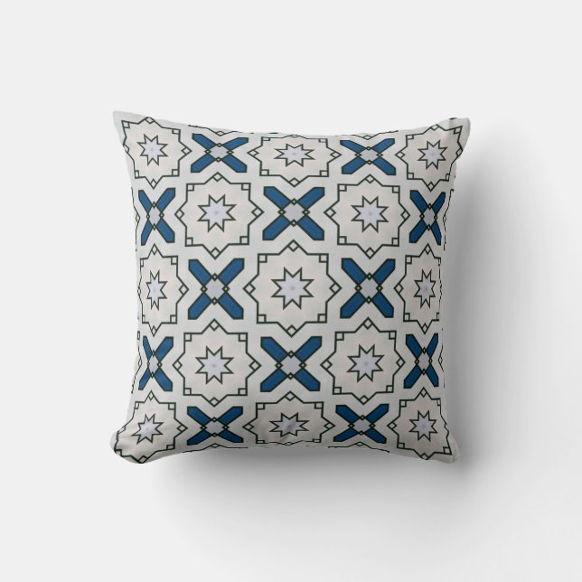 Geometric Floral Pattern In White Black And Blue Throw Pillow (Front)