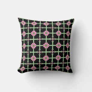 Geometric Floral Pattern Pink Green and Black Throw Pillow