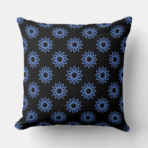 Geometric Flower 01 - Baby Blue on Black Throw Pillow