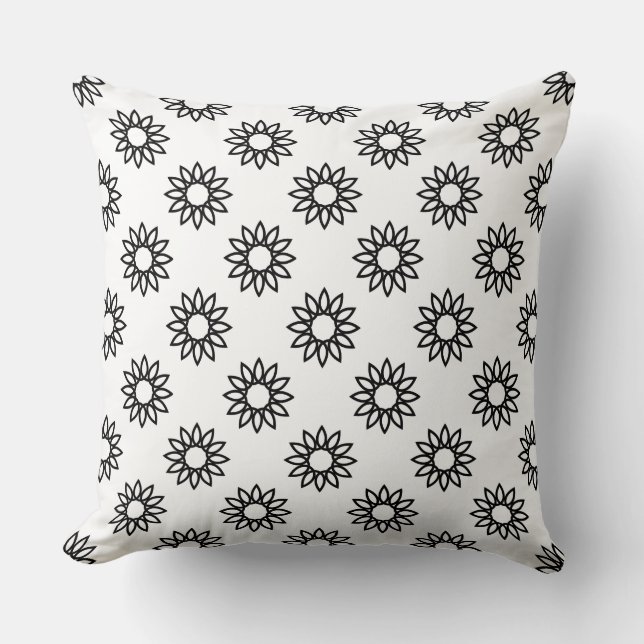 Geometric Flower 01 - Black on White Throw Pillow (Front)