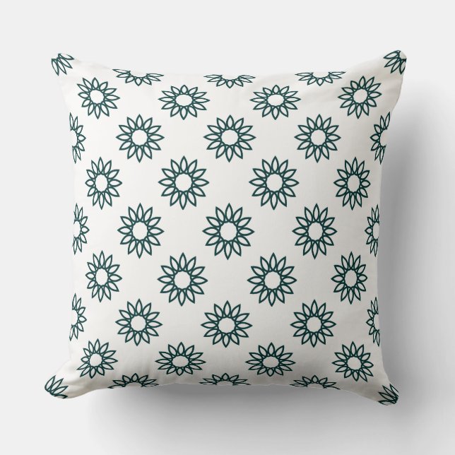 Geometric Flower 01 - Dark Green on White Throw Pillow (Front)