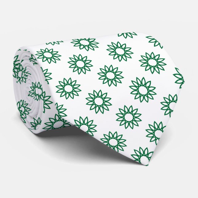 Geometric Flower 01 - Forest Green on White Tie (Rolled)
